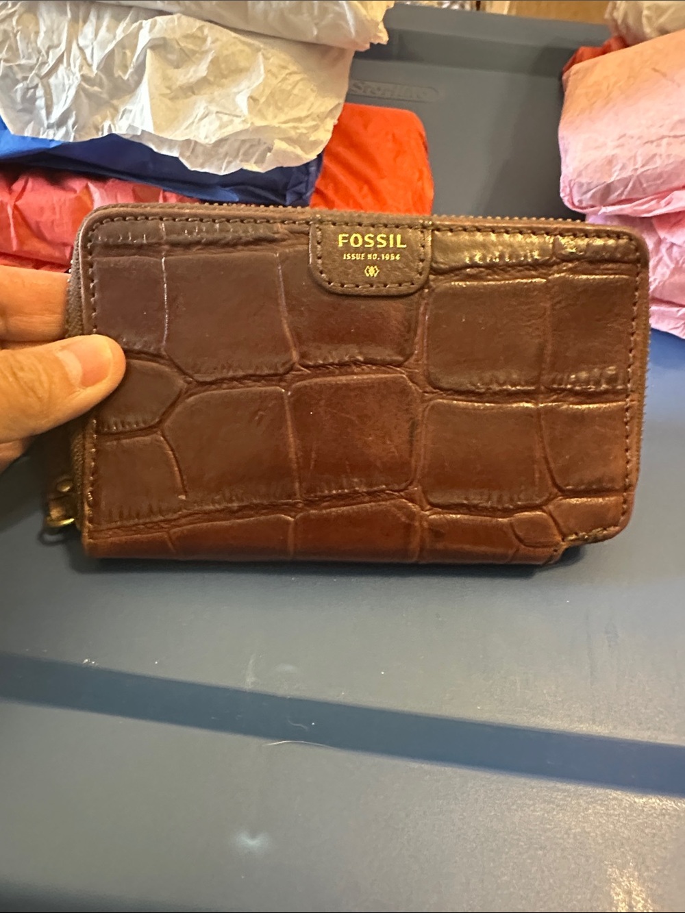 Fossil Croc-Embossed Zip-Around Wallet in Dark Brown